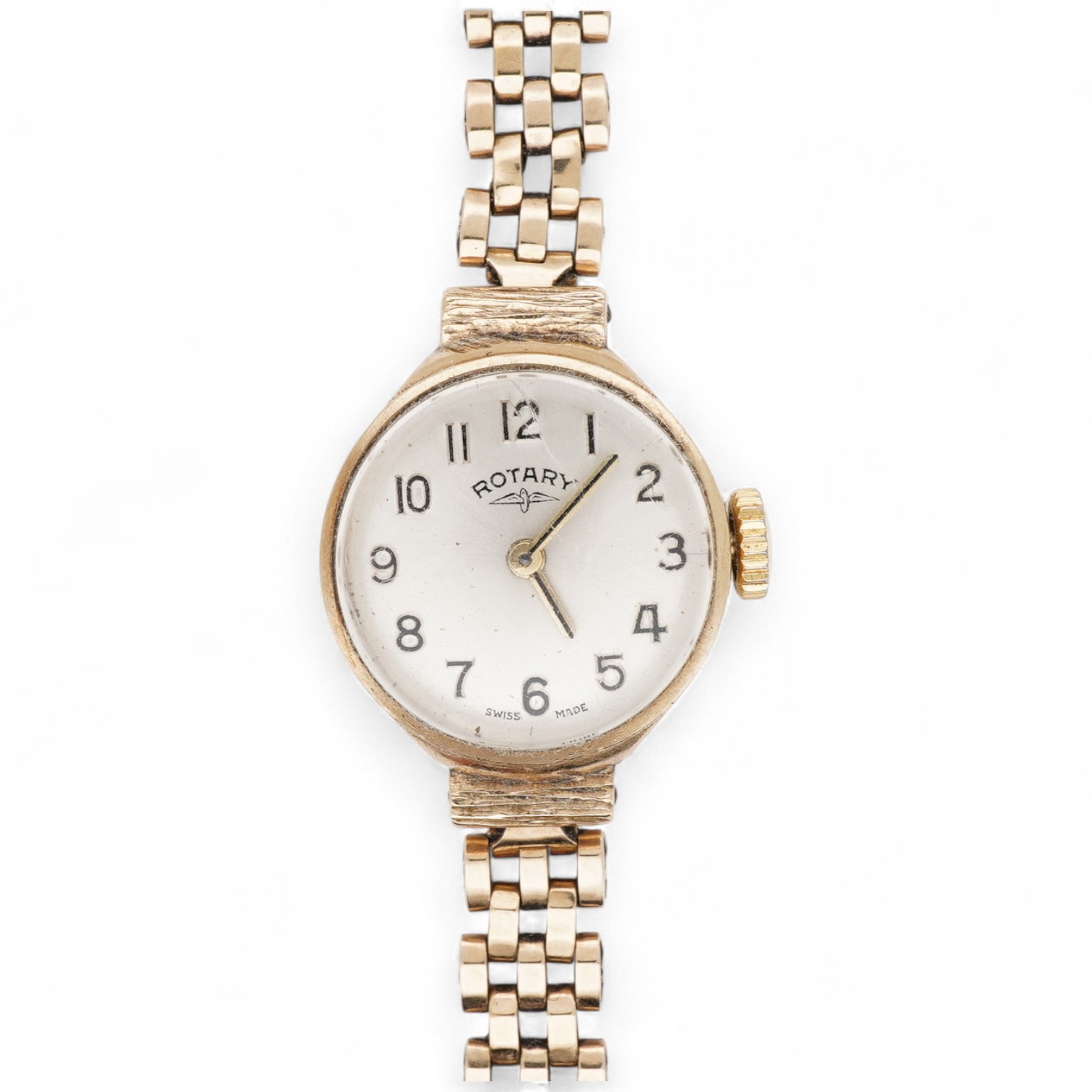 A lady's 1970's 9ct gold Rotary manual wind wrist watch, with Arabic dial, on a 9ct gold bracelet, case diameter 19mm, overall length 18cm, gross weight 15.4 grams.